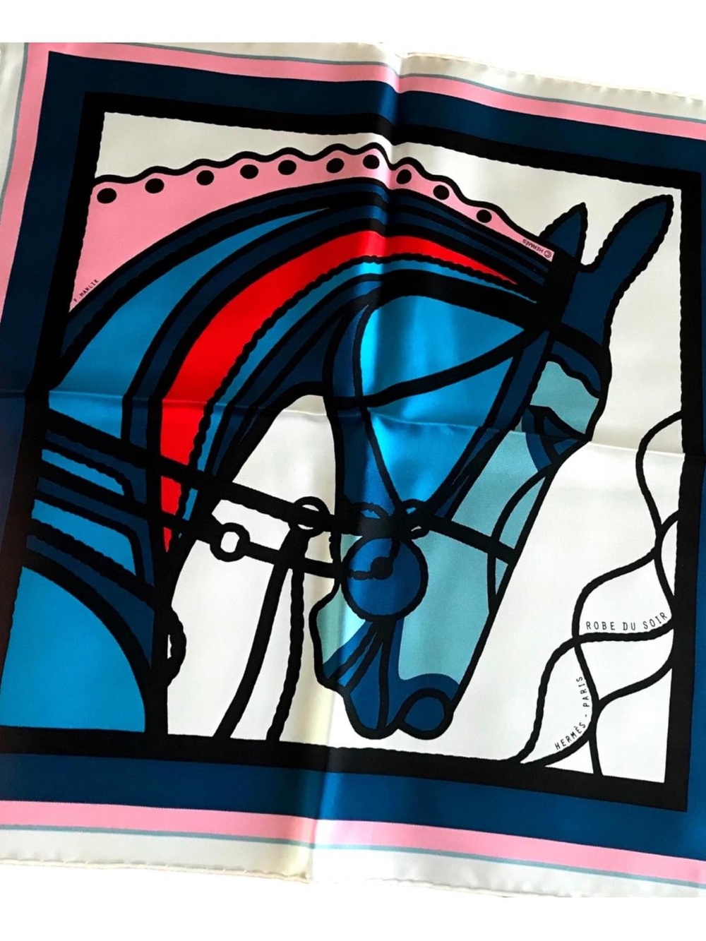 Hermes Blue Pink Red Stylized Horse Silk Scarf - Picture 4 of 11